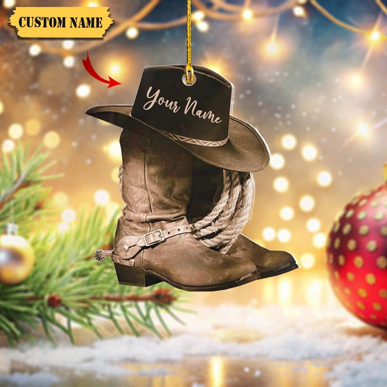 Podagree Personalized Cowboy Boots and Hat Christmas Ornament for Cowboy, Cowboy Cowgirl Horseback Riding Ornament, Horse Racing Ornament