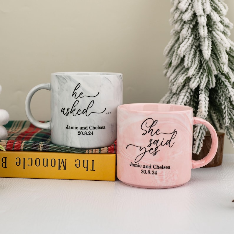 Personalised Engagement Mugs, Couple Engagement Present, Happy Engagement Gift, He Asked, She Said Yes