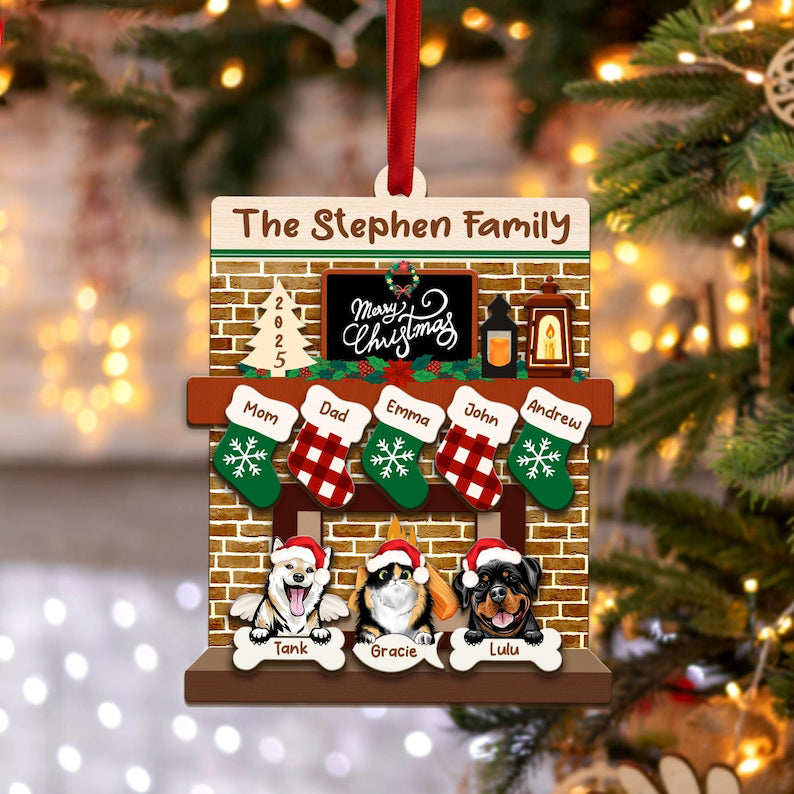 Custom Pet Family Christmas Ornaments,3D Wooden Family Ornament With Pets, Christmas Ornament, Family And Pets Family With Dog Cat Fireplace