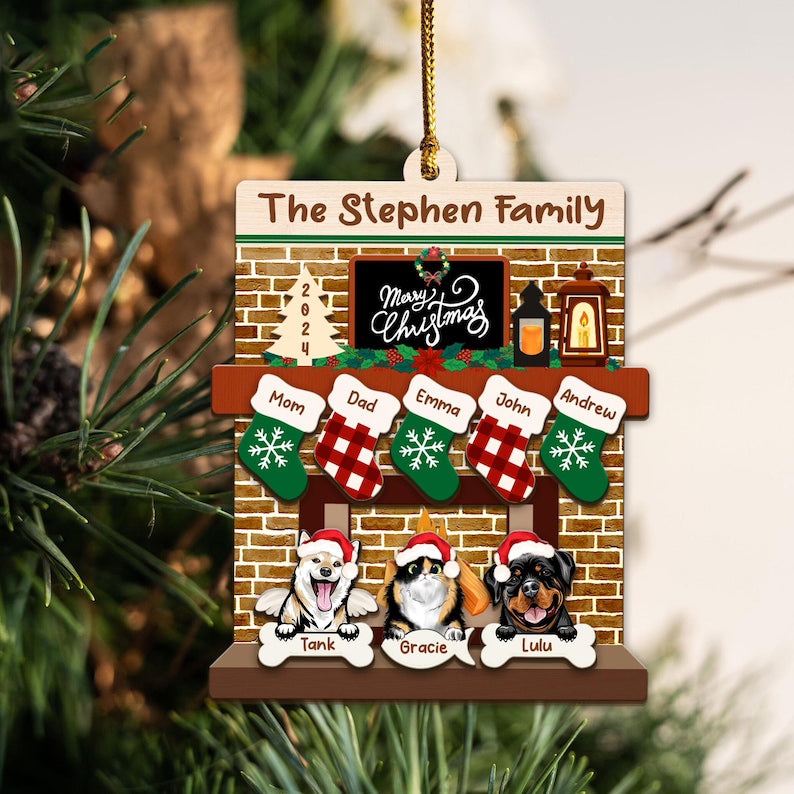 Custom Pet Family Christmas Ornaments,3D Wooden Family Ornament With Pets, Christmas Ornament, Family And Pets Family With Dog Cat Fireplace