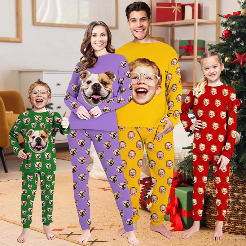 Custom Family Christmas Pajamas: Personalized Photo PJs Set,Dog/Baby/His Faces on Pajama
