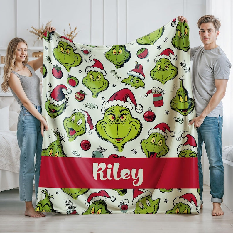 Custom Name Greench Blanket, Cartoon Blanket For Boy and Girl, Green Christmas Tree Inflated Blanket, Personalized Funny Throw Blanket Xmas