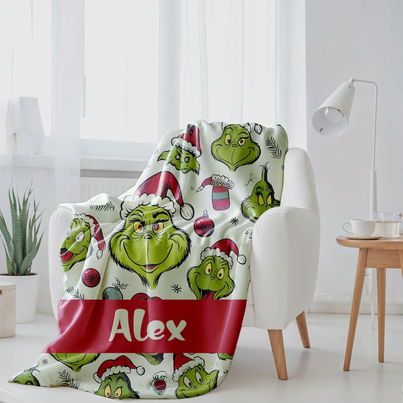 Custom Name Greench Blanket, Cartoon Blanket For Boy and Girl, Green Christmas Tree Inflated Blanket, Personalized Funny Throw Blanket Xmas