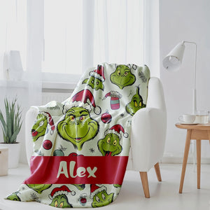 Custom Name Greench Blanket, Cartoon Blanket For Boy and Girl, Green Christmas Tree Inflated Blanket, Personalized Funny Throw Blanket Xmas