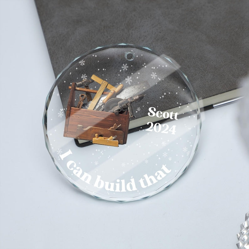 Custom Carpenter Glass Ornament, Personalized Woodworker Christmas Ornament, Unique for Carpenters, Custom Construction-Themed Keepsake