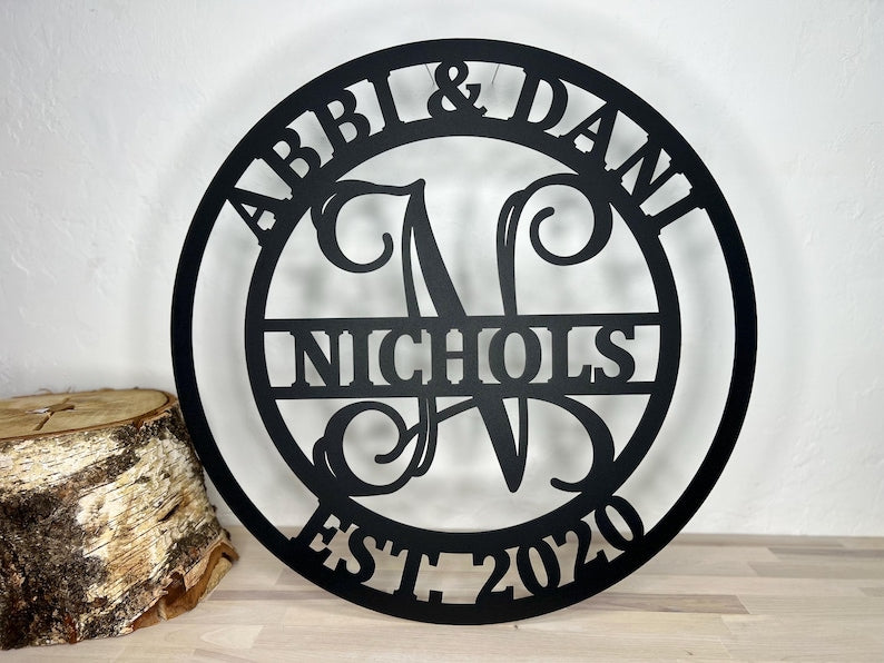 Custom family name metal monogram sign or ornament, last name sign, bridal shower gift, personalized wedding gift, custom anniversary gift