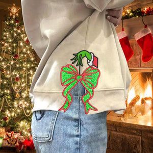 Personalized Merry Grinchmas Side Bow Sweatshirt, Custom Bow Applique Embroidery Sweatshirt, Greench Bow Embroidery Design, Greench Family Gift, Christmas Gift