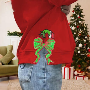 Personalized Merry Grinchmas Side Bow Sweatshirt, Custom Bow Applique Embroidery Sweatshirt, Greench Bow Embroidery Design, Greench Family Gift, Christmas Gift