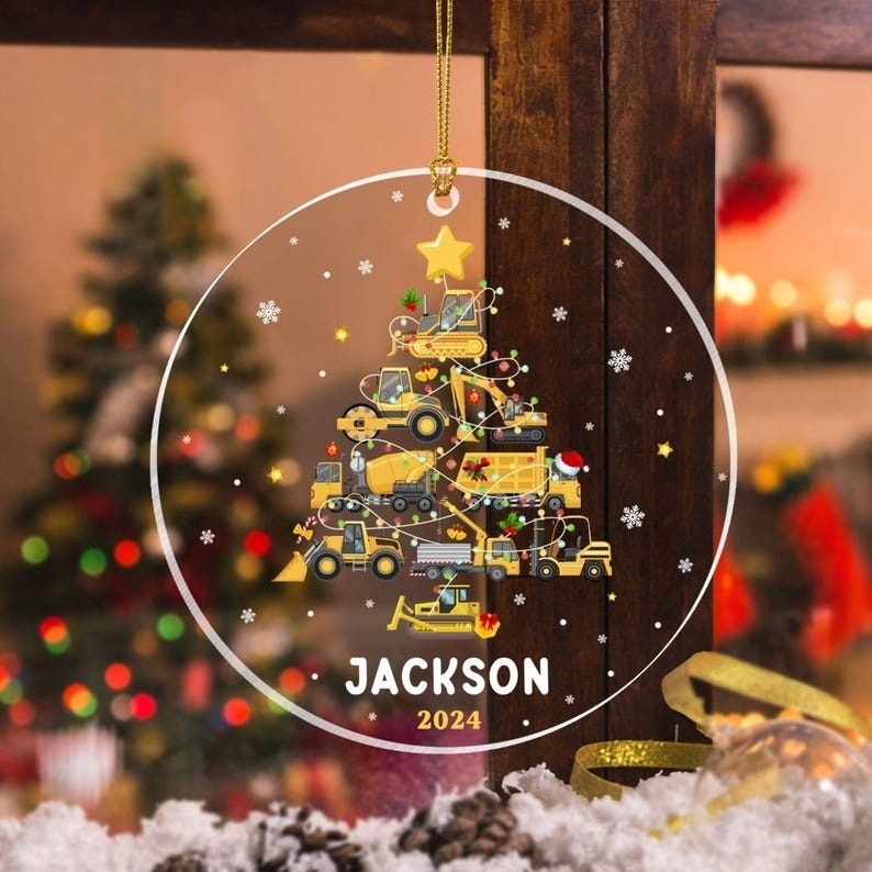 Personalized Construction Acrylic Ornaments, Excavator Ornament Backhoe, Excavator Truck Christmas Ornament, Gift for Kids, Gift For Boy