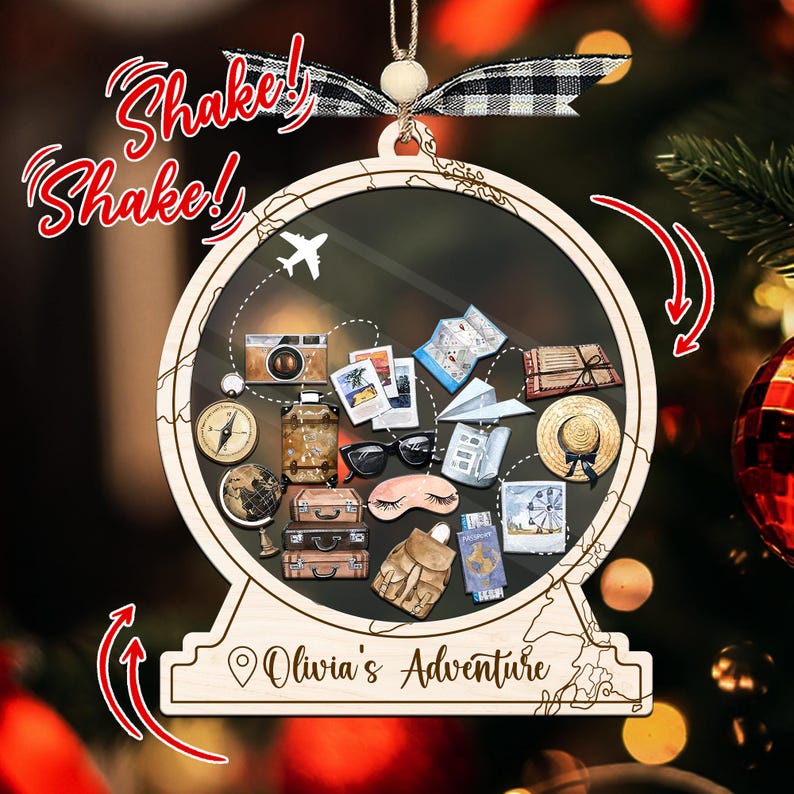 Travel Adventure Shake Ornament, Our Adventure Awaits Personalized 2025 Keepsake, Road Trip Vacation Wooden Gift