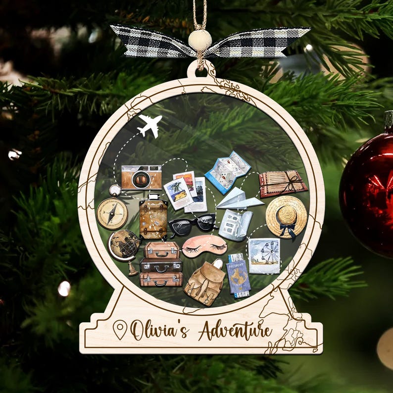 Travel Adventure Shake Ornament, Our Adventure Awaits Personalized 2025 Keepsake, Road Trip Vacation Wooden Gift