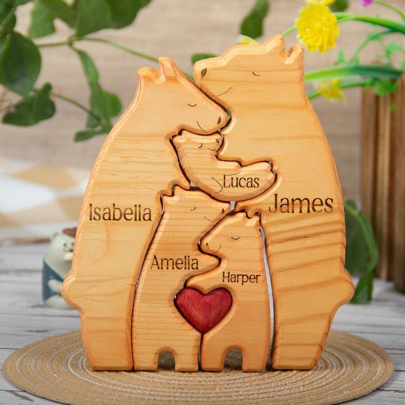 Custom Wooden Bear Family Puzzle, Personalized 2-6 Person Animal Figurines, Ideal for Anniversaries & Home Decor