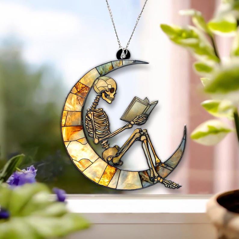 Skeleton Suncatcher, Reading Skeleton Ornament, Book Lover Decor,Halloween Suncatcher,Unique Skeleton Art,Skull Reading Decor,Halloween Gift