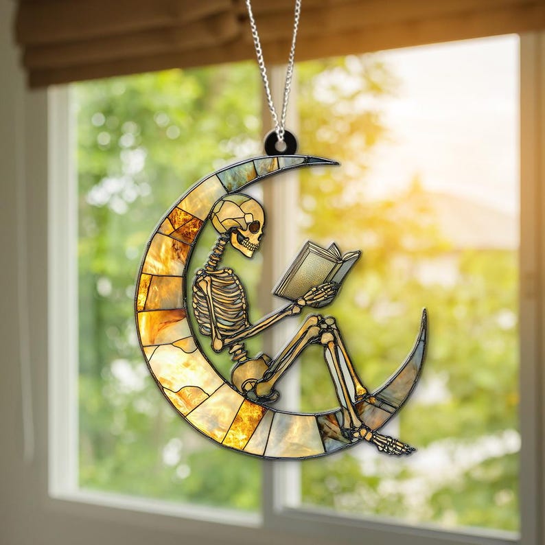 Skeleton Suncatcher, Reading Skeleton Ornament, Book Lover Decor,Halloween Suncatcher,Unique Skeleton Art,Skull Reading Decor,Halloween Gift