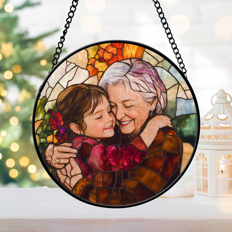 Personalized Grandma And Grandkids Portrait Faux Stained Glass, Custom Photo Family Window Hanging Ornament, Christmas Gift For Mom, Grandma