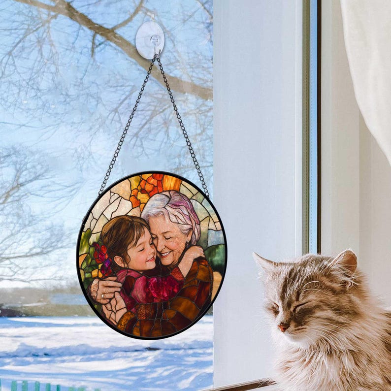 Personalized Grandma And Grandkids Portrait Faux Stained Glass, Custom Photo Family Window Hanging Ornament, Christmas Gift For Mom, Grandma