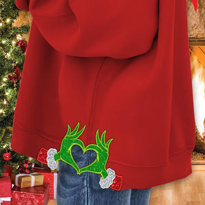 Personalized Merry Grinchmas Hand Heart Side Bow Sweatshirt, Custom Bow Applique Embroidery Sweatshirt, Greench Bow Embroidery Design, Greench Family Gift, Christmas Gift