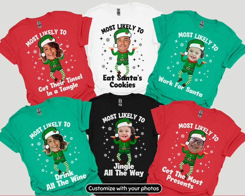 Funny Personalized Matching Christmas Pajama Shirts, Custom Most Likely To Family Face Photo T-Shirts, Cute Group Holiday Tees, Picture PJs