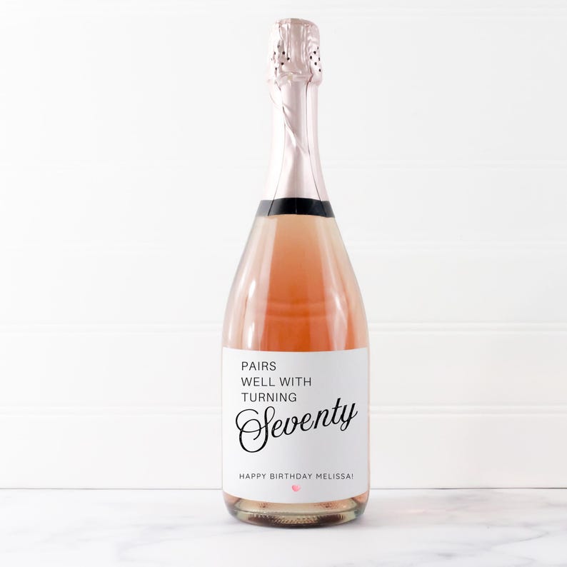 Pairs well with turning Seventy, Custom 70th Birthday Wine Label, Birthday Label, Gift for Her, Birthday Champagne label, 70th mini bottles