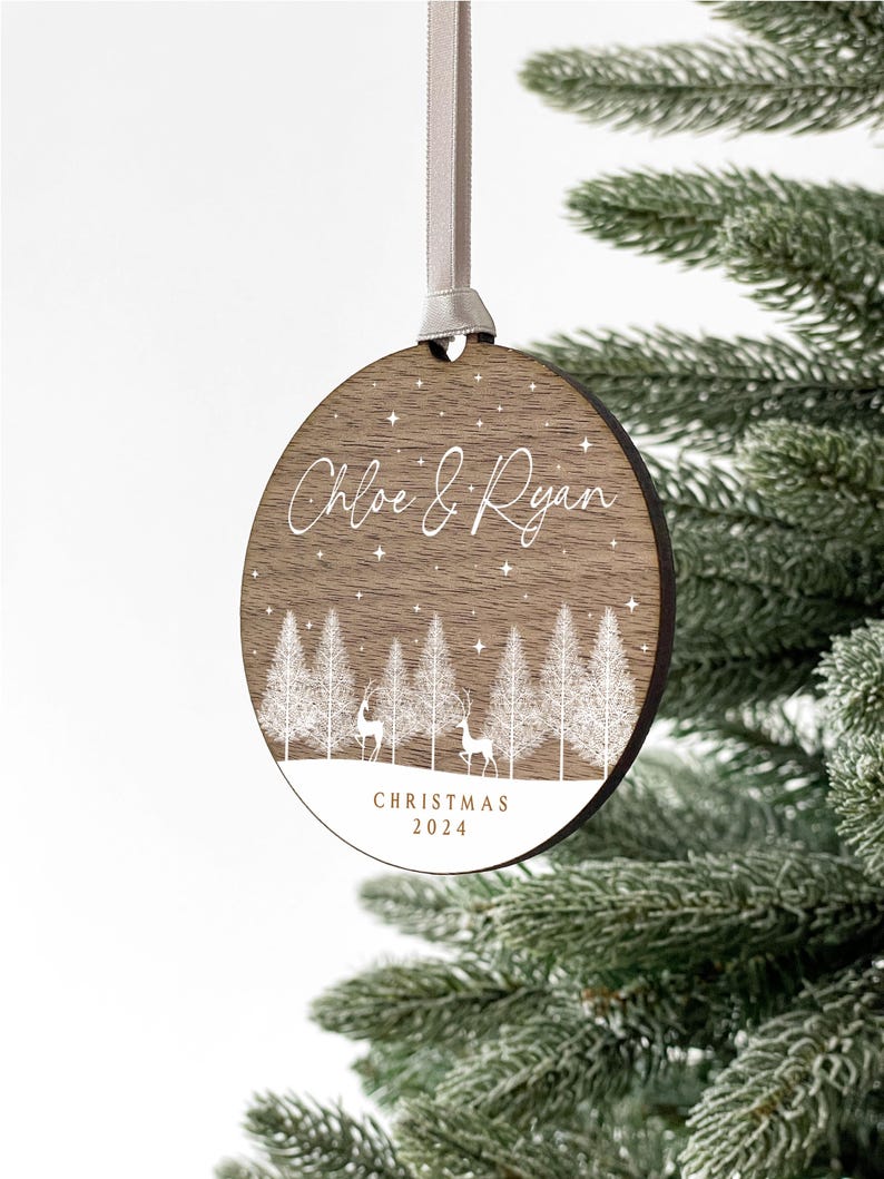 Personalised Wooden Couples Christmas Ornament Bauble, Keepsake Christmas Decoration for Girlfriend or Boyfriend