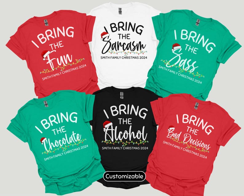 Funny Personalized Matching Christmas Pajama Shirts, Custom Name I Bring The Family Fun T-Shirts, Cute Group Holiday Tees, Picture PJs