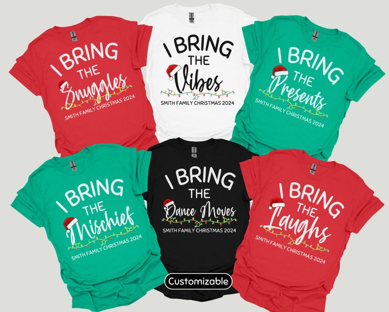 Funny Personalized Matching Christmas Pajama Shirts, Custom Name I Bring The Family Fun T-Shirts, Cute Group Holiday Tees, Picture PJs
