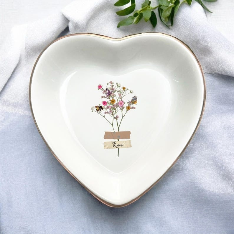 Custom Floral Trinket Tray-Personalized Jewelry Dish-Bridal Shower Gift-Mother's Day Gift-Bride Gift-Bridesmaid Gift-Daughter Birthday Gift