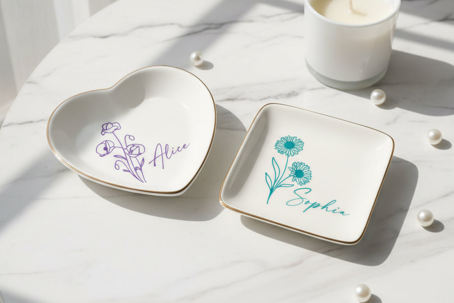 Personalised Birth Flower Ring Dish, Custom Colorful Floral Jewelry Dish, Name Trinket Dish, Wedding Bridesmaid Gift, Birthday Gift for Her, Mother's Day Gift