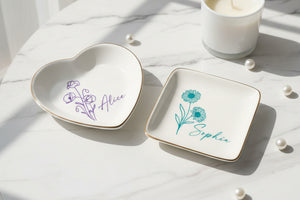 Personalised Birth Flower Ring Dish, Custom Colorful Floral Jewelry Dish, Name Trinket Dish, Wedding Bridesmaid Gift, Birthday Gift for Her, Mother's Day Gift