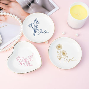 Personalised Birth Flower Ring Dish, Custom Colorful Floral Jewelry Dish, Name Trinket Dish, Wedding Bridesmaid Gift, Birthday Gift for Her, Mother's Day Gift