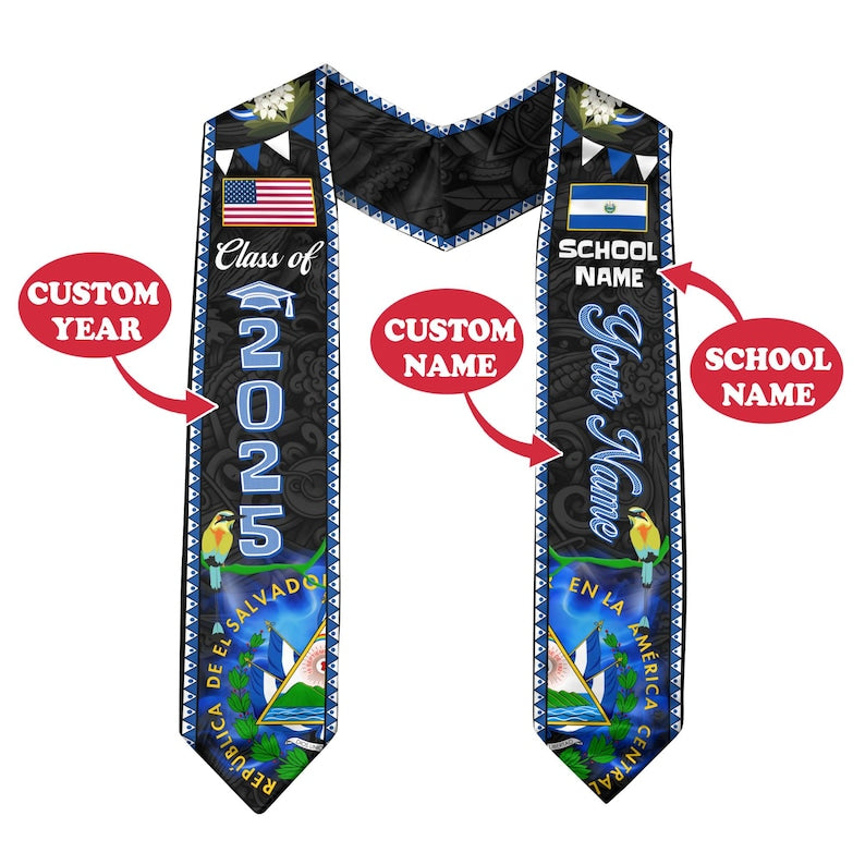 Custom Salvadorans American Flag Graduation Sash 2025, El Salvador Graduation Stole 2025, Salvadorans Graduation Sash, Graduation Stole 2025