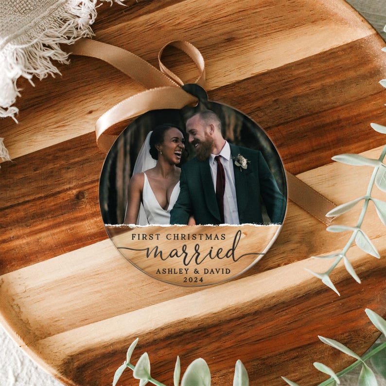 Personalised First Christmas Married Ornament 2024, Custom Photo Bauble for Newlyweds, Unique Wedding Keepsake Gift