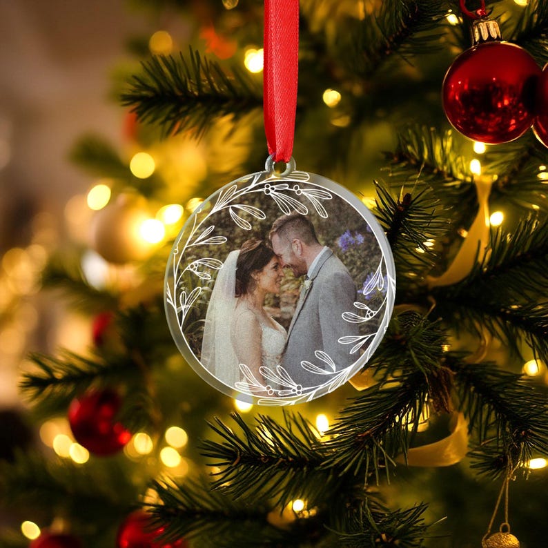 Personalised Christmas Bauble Ornament Custom Printed Couples Gift Newly Weds Engagement Wedding Present Photo Wreath Design