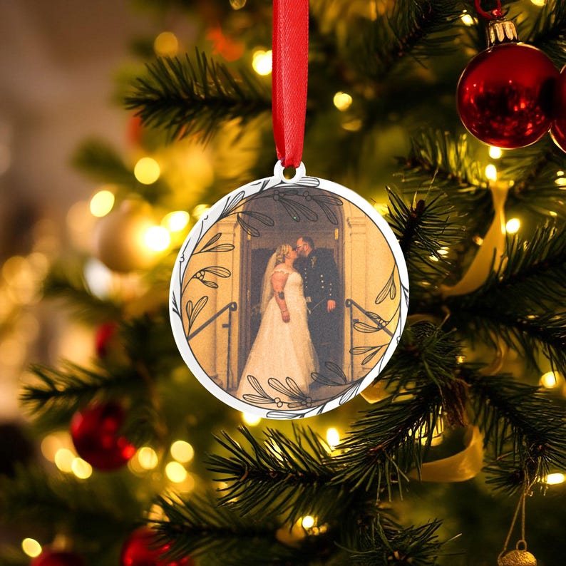 Personalised Christmas Bauble Ornament Custom Printed Couples Gift Newly Weds Engagement Wedding Present Photo Wreath Design