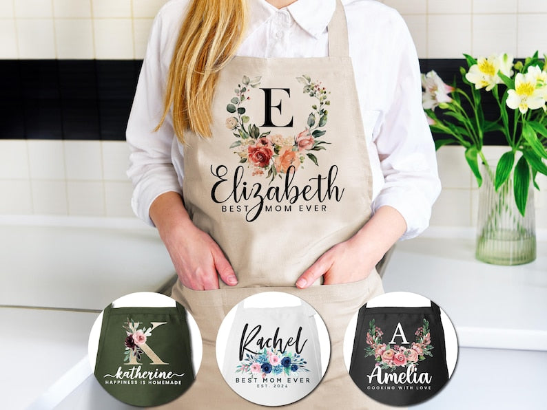 Personalized Floral Apron for Women w/ Pocket Adjustable Neck Custom Aprons Chef Gifts Grilling Apron Baking Gift, Mom, Daughter, Kitchen