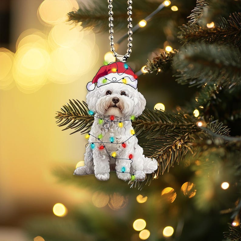 Funny Bichon Frisé Ornament, Dog with Santa Hats and Lights, Bichon Frisé Dog Car Hanging Ornament, Christmas Gifts, Bichon Dog Lover Gifts