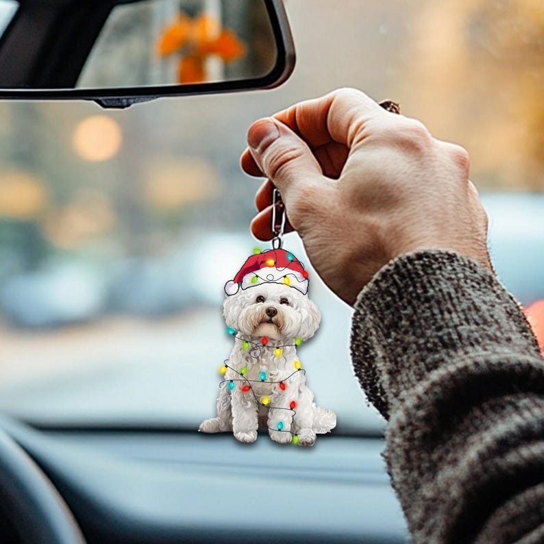 Funny Bichon Frisé Ornament, Dog with Santa Hats and Lights, Bichon Frisé Dog Car Hanging Ornament, Christmas Gifts, Bichon Dog Lover Gifts