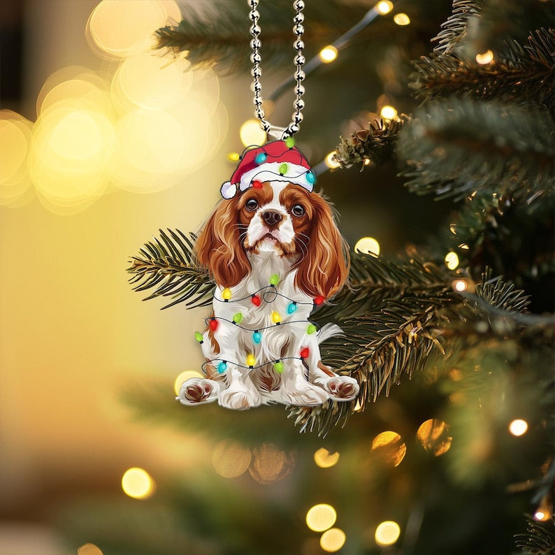 Funny Cavalier King Charles Spaniel Ornament, Dog with Santa Hats and Christmas Lights, Car Hanging Ornament, Christmas Gift, Dog Lover Gift