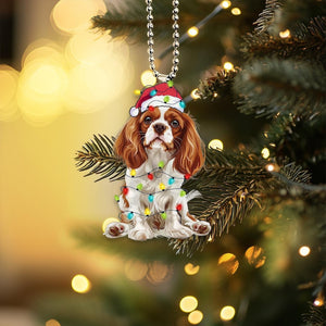 Funny Cavalier King Charles Spaniel Ornament, Dog with Santa Hats and Christmas Lights, Car Hanging Ornament, Christmas Gift, Dog Lover Gift