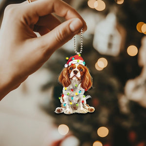 Funny Cavalier King Charles Spaniel Ornament, Dog with Santa Hats and Christmas Lights, Car Hanging Ornament, Christmas Gift, Dog Lover Gift