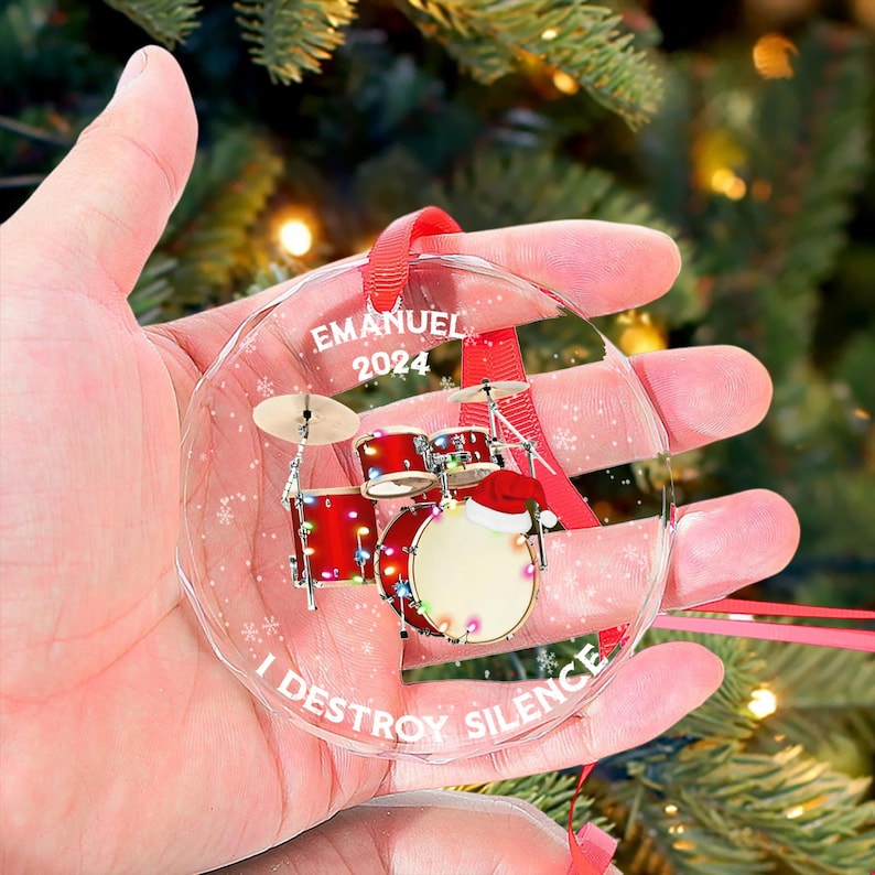 Destroy Silence Custom Drum Glass Ornament, Personalized Drummer Christmas Ornament, Unique Gift for Musicians, Custom Drum-Themed Keepsake for Drum Lovers