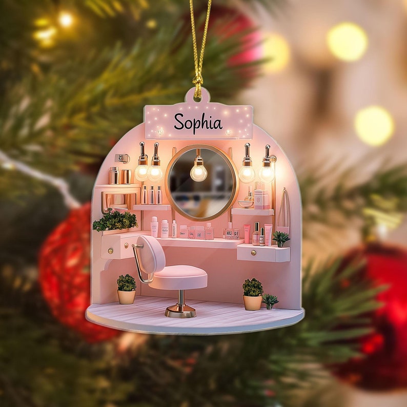 2D FLAT Personalized Pink Makeup Acrylic Ornament, Makeup Christmas Ornament, Teen Girl Ornament, Xmas Artist Christmas Ornament Decor Gift