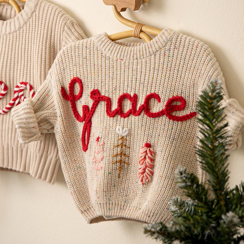 Hand Embroidered Baby Name Christmas Sweater for Baby Boys and Toddler Boys, Baby Toddler Custom Holiday Sweater, Christmas Baby Outfit