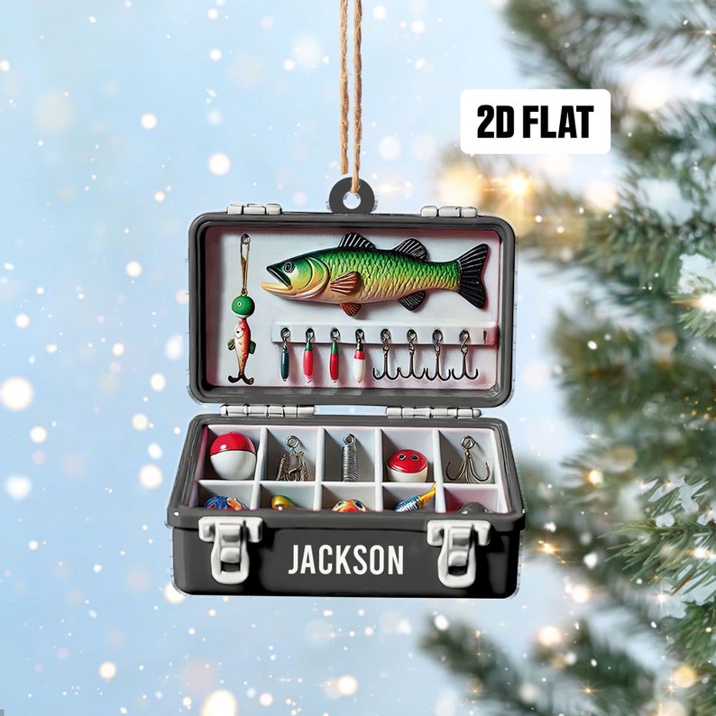 christmas tackle box Personalized Fishing Tackle Box 2D Flat Ornament, Custom Name Christma
