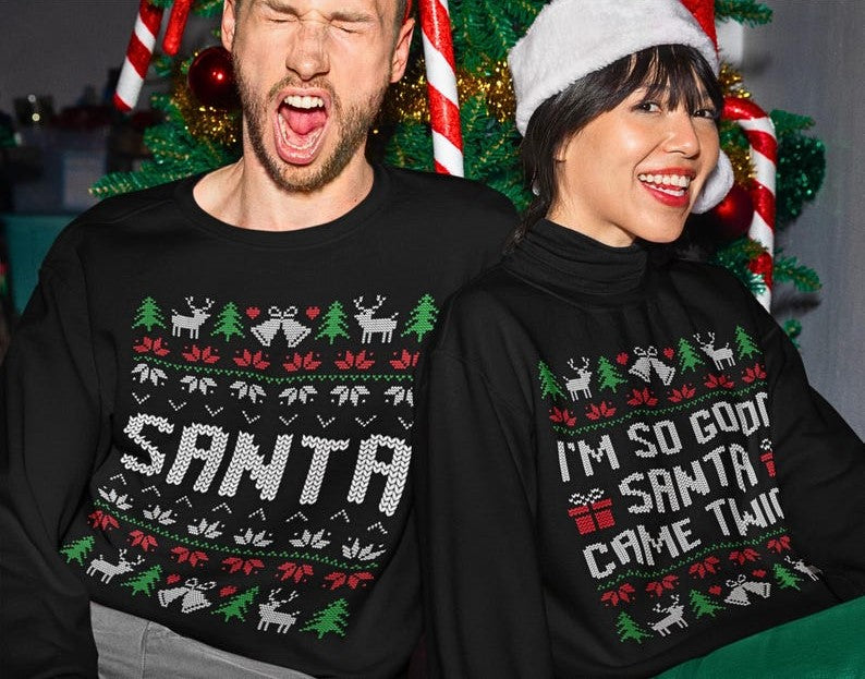 Matching Christmas Couple Sweatshirt, Matching Couple Shirt, Couple Christmas Matching Shirt, Ugly Christmas Sweater, Santa Came Twice Tee