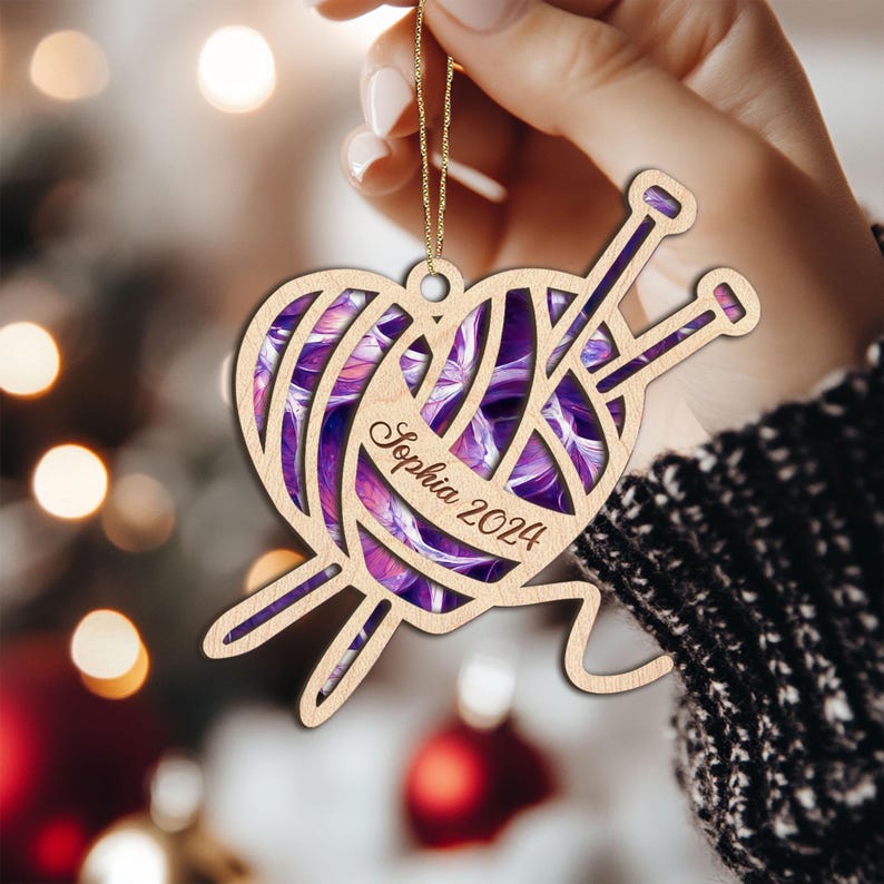 Personalized Crochet Layered Wood Ornament, Custom Crochet Christmas Tree Ornament, Knitting Ornament, Crochet Lover Gift for Mom, Grandma