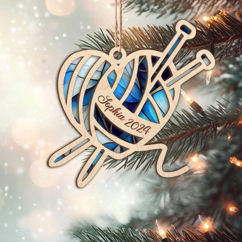 Personalized Crochet Layered Wood Ornament, Custom Crochet Christmas Tree Ornament, Knitting Ornament, Crochet Lover Gift for Mom, Grandma