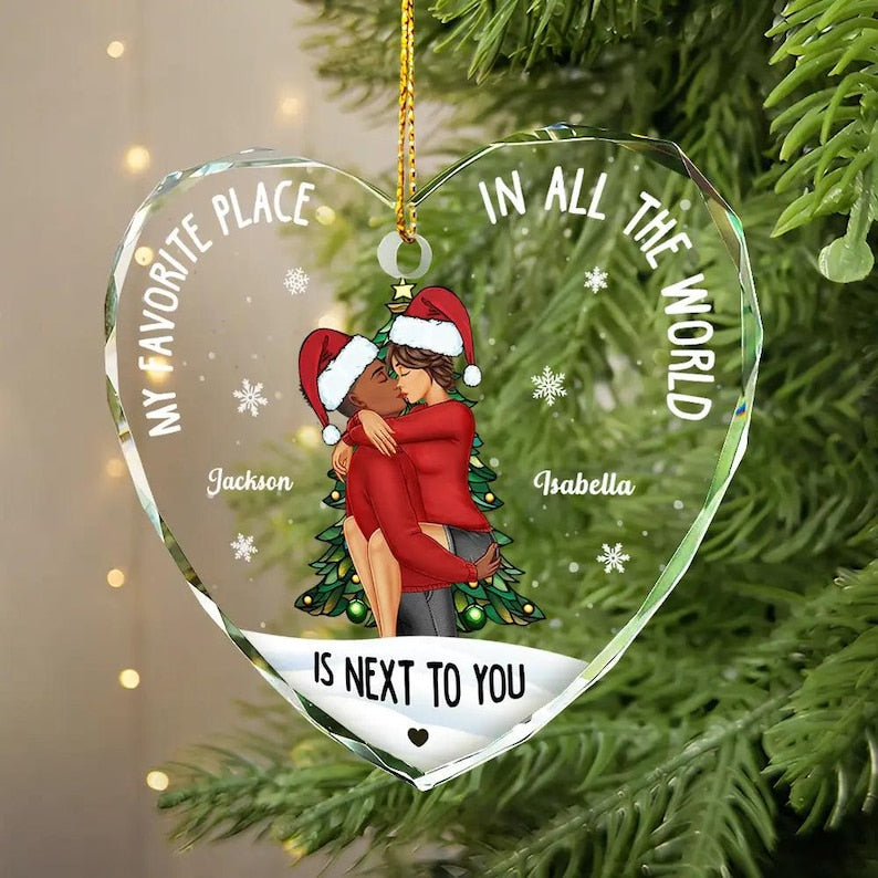Couple Sideview My Favorite Place In The World Custom Glass Ornament Heart Shaped, Christmas Gift For Husband Wife Boyfriend Girlfriend