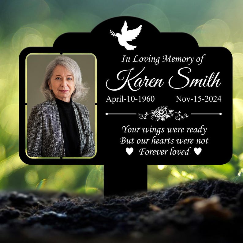 Custom Photo Grave Marker: Temporary Outdoor Memorial Plaque. Thoughtful sympathy gift, perfect for honoring and remembering loved ones.