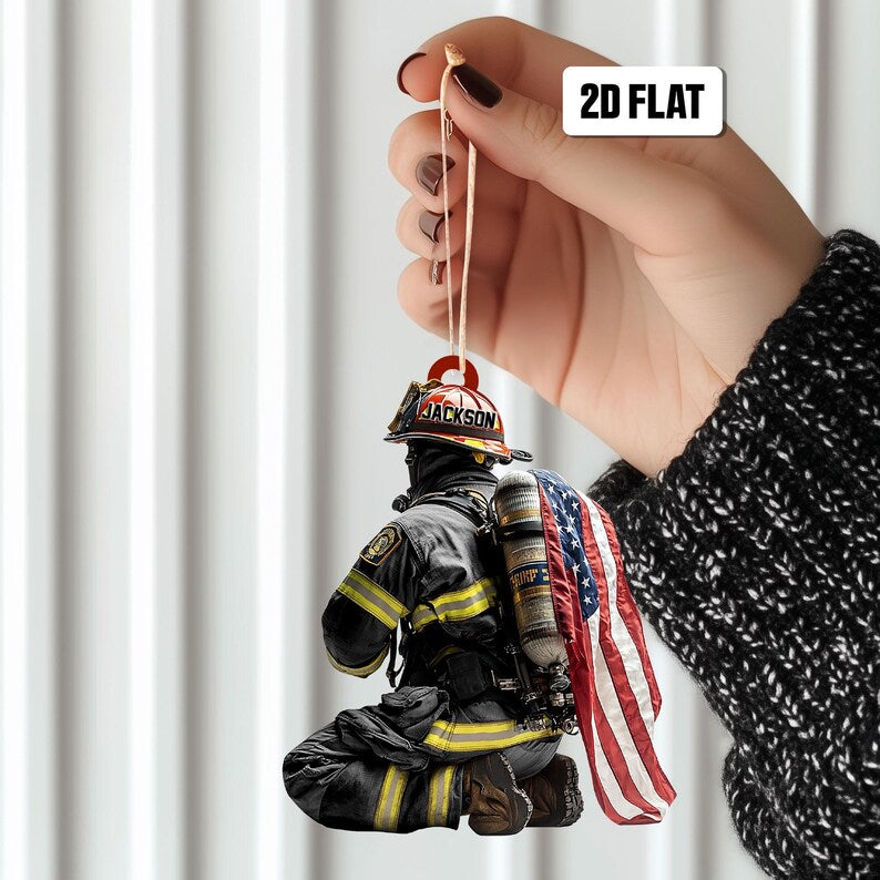 Personalized Firefighter 2D Flat Christmas Ornament, Custom Firefighter On Duty Acrylic Ornament, Fireman Dad Gift, Christmas Firefighter